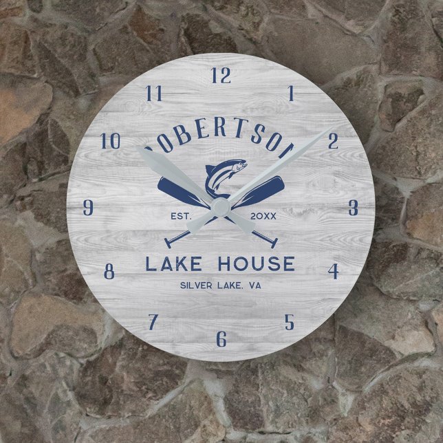 Lake House Family Name Rustic Gray Wood Round Clock (Creator Uploaded)
