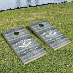 Lake House Family Name Rustic Teal Wood Cornhole Set