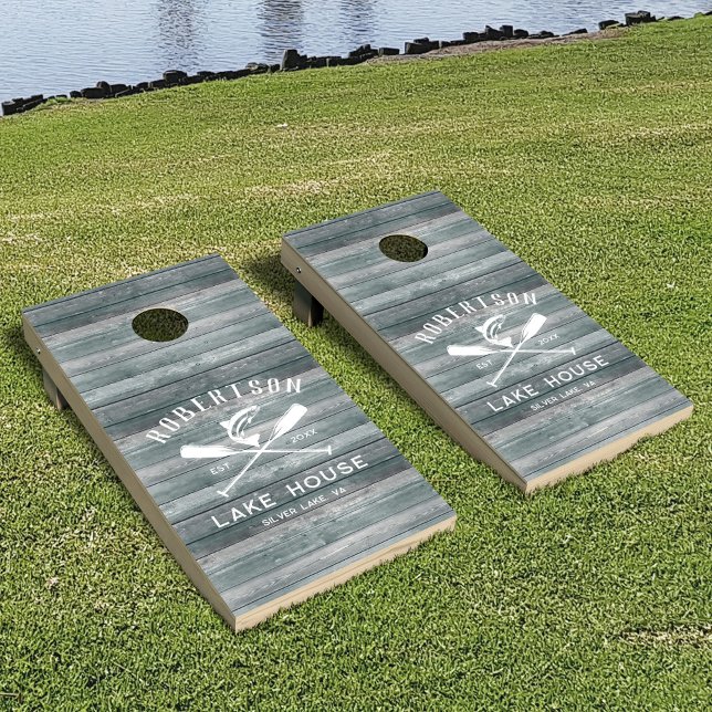 Lake House Family Name Rustic Teal Wood  Cornhole Set (Creator Uploaded)