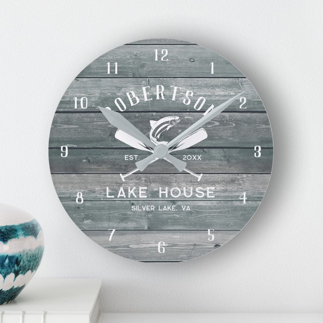 Lake House Family Name Rustic Teal Wood  Round Clock (Creator Uploaded)