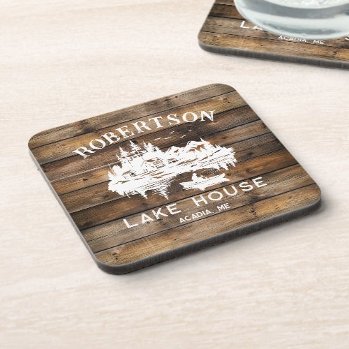Lake House Family Name Rustic Wood Beverage Coaster