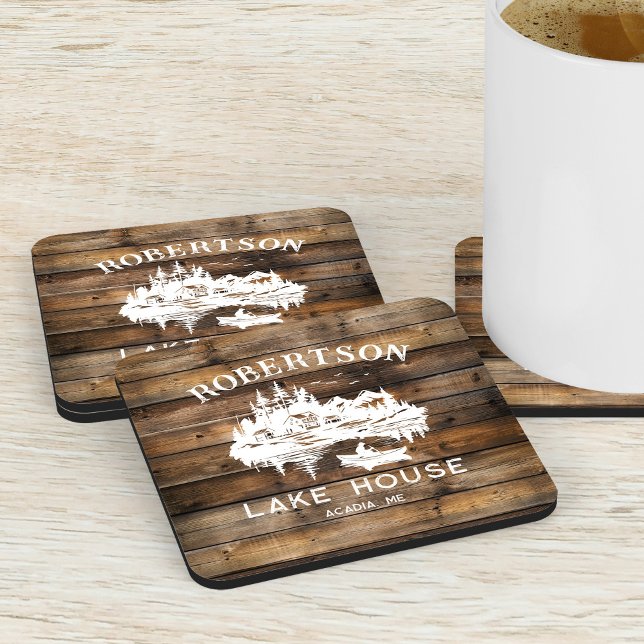 Lake House Family Name Rustic Wood Beverage Coaster (Creator Uploaded)