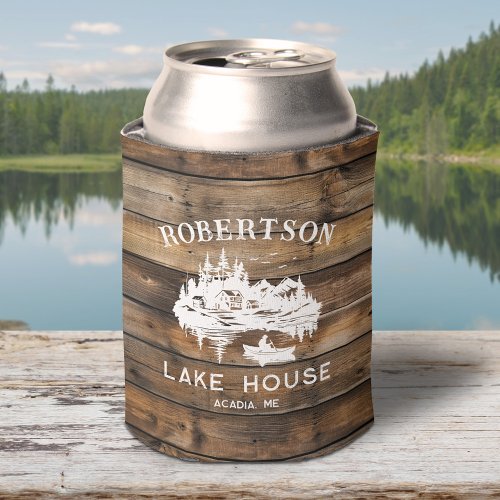 Lake House Family Name Rustic Wood Can Cooler