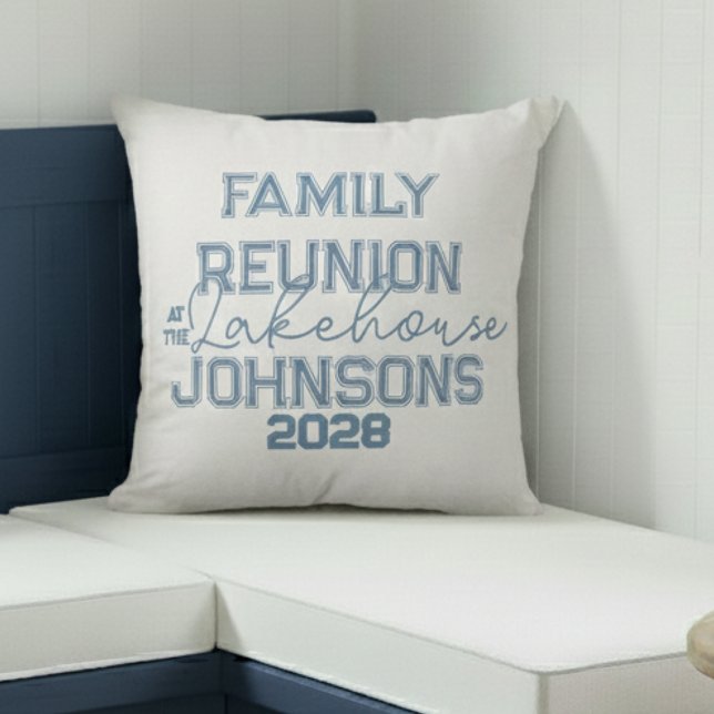 Lake house family reunion minimal blue and white  throw pillow (Creator Uploaded)