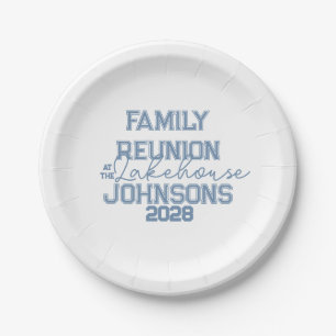 Lake house family reunion minimal blue white Party Paper Plates