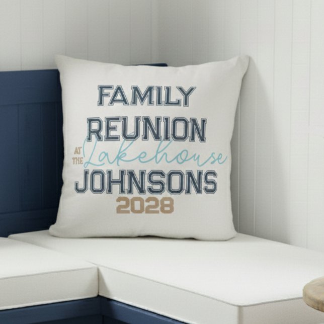 Lake house family reunion retro typography  throw pillow (Creator Uploaded)