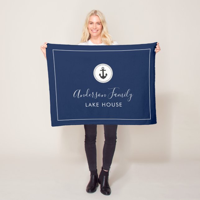 Lake House Nautical Anchor Dark Blue Family Fleece Blanket (In Situ)
