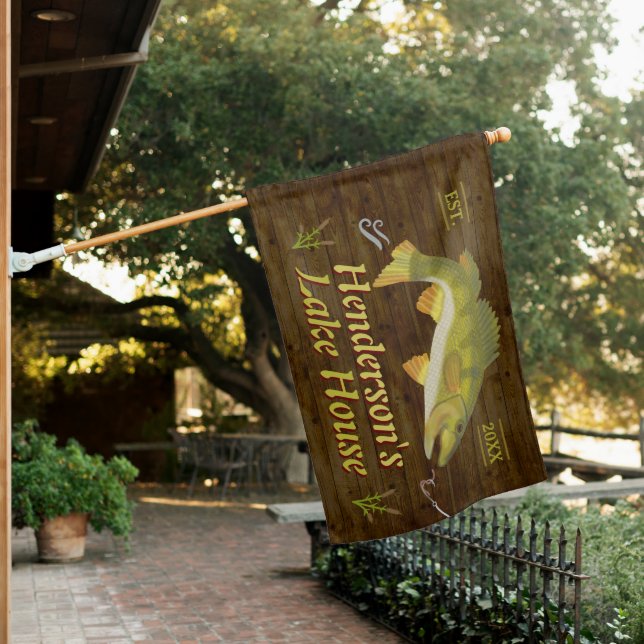 Lake House Nautical Bass Fish Rustic Wood Custom House Flag (In SItu)