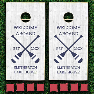Lake House Navy Blue Oars White Wood Family Cornhole Set
