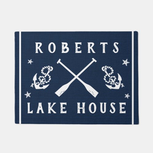 Lake House Navy White Paddles Anchors Custom Doormat