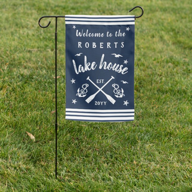 Lake House Paddles Anchors Custom Navy Striped Garden Flag (In SItu)