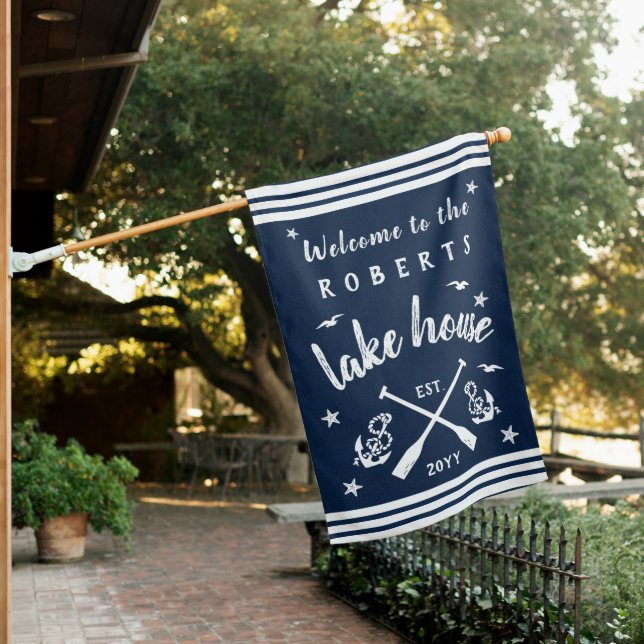 Lake House Paddles Anchors Custom Navy Striped House Flag (In SItu)