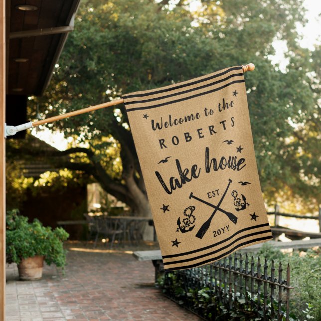 Lake House Paddles Anchors Custom Rustic Burlap House Flag (In SItu)