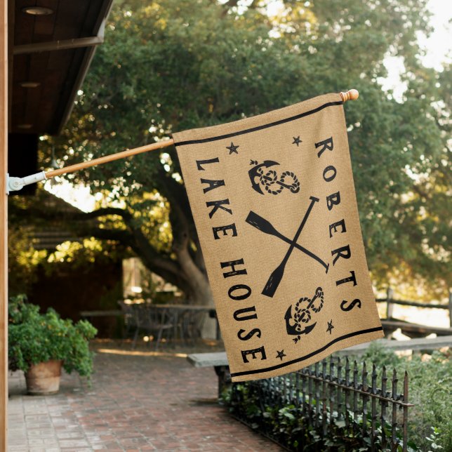 Lake House Paddles Anchors Rustic Burlap Custom House Flag (In SItu)