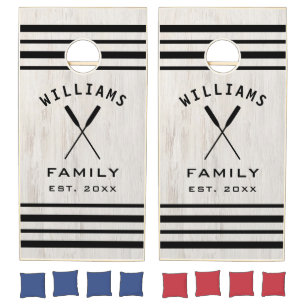 Lake House Personalized Family Name Wood Grain Cornhole Set