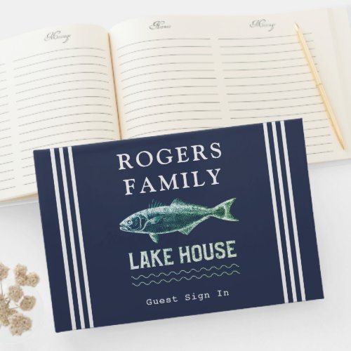 Lake House Personalized Vacation Rental Navy Blue  Guest Book