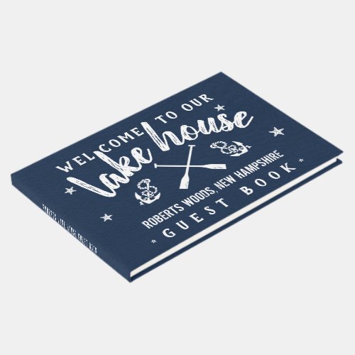 Lake House Personalized Vacation Rental Navy White Guest Book