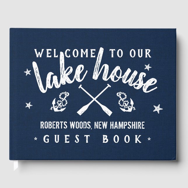 Lake House Personalized Vacation Rental Navy White Guest Book (Front)