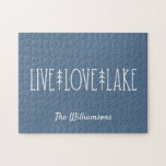 Lake House Quote Pine Tree Personalized Blue  Jigsaw Puzzle<br><div class="desc">Lake House Quote Pine Tree Personalized Blue Puzzle</div>