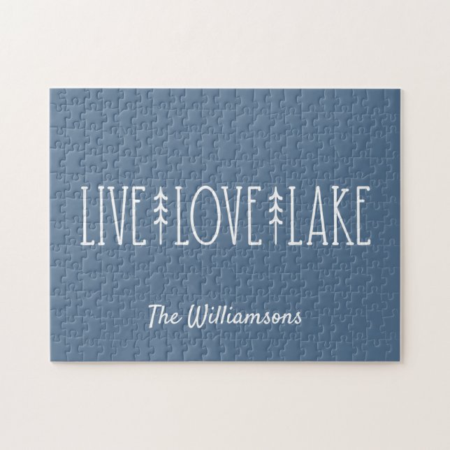 Lake House Quote Pine Tree Personalized Blue  Jigsaw Puzzle (Horizontal)