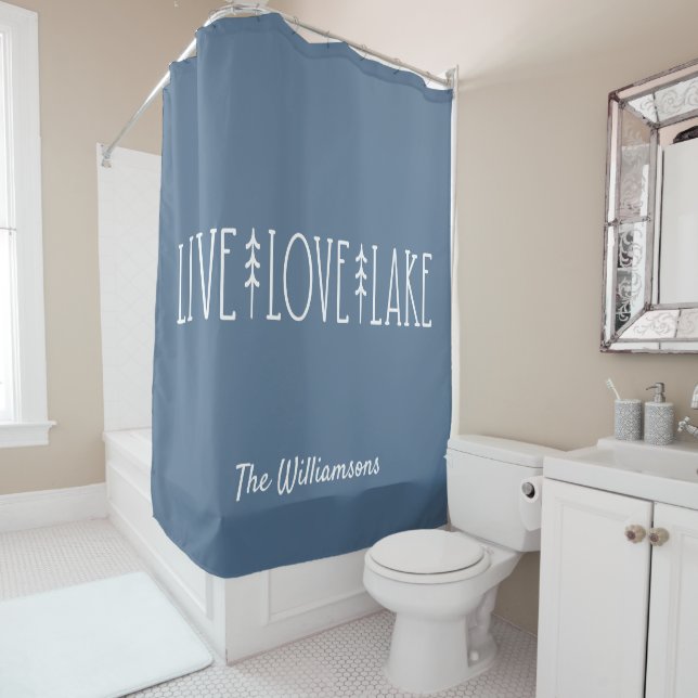 Lake House Quote Pine Tree Personalized Blue Shower Curtain (In Situ)