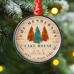 Lake House Rustic Lake House Boat Watercolor Trees Metal Ornament