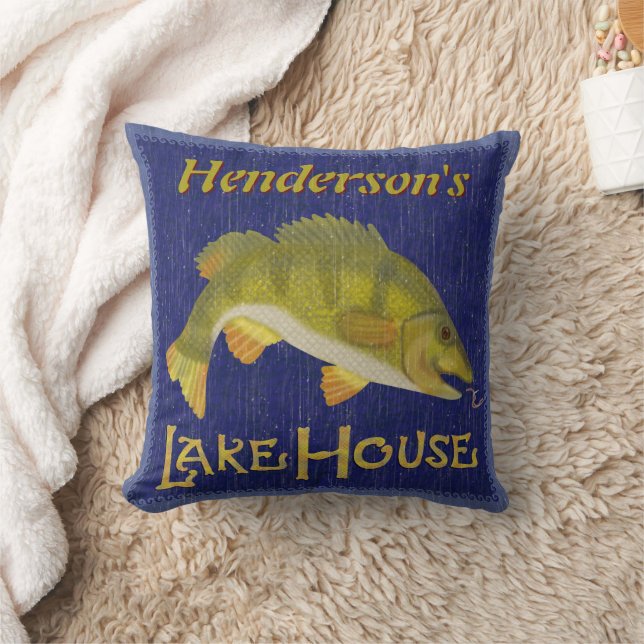 Lake House Rustic Nautical Bass Fish | Add Name Throw Pillow (Blanket)