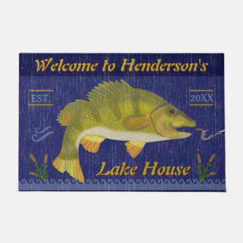 Lake House Rustic Nautical Bass Fish  Custom Name Doormat