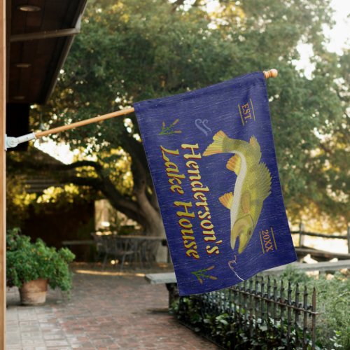 Lake House Rustic Nautical Bass Fish  Custom Name House Flag