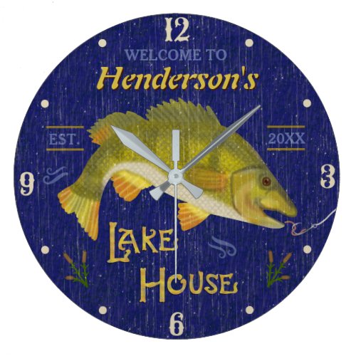 Lake House Rustic Nautical Bass Fish | Custom Name Large Clock