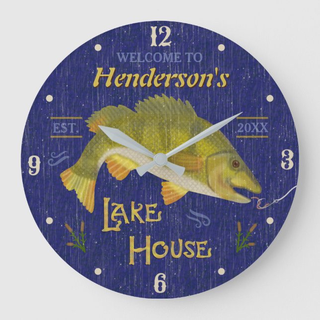 Lake House Rustic Nautical Bass Fish | Custom Name Large Clock (Front)