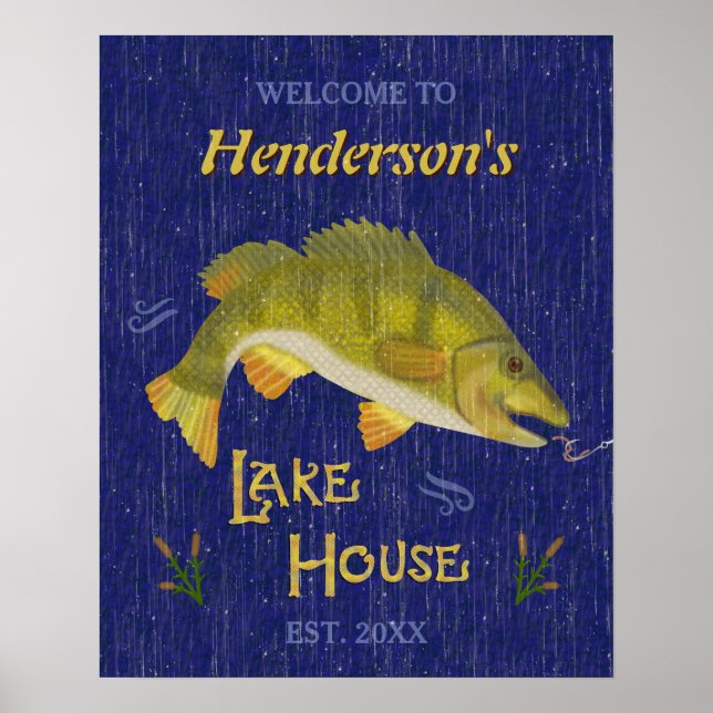 Lake House Rustic Nautical Bass Fish | Custom Name Poster (Front)