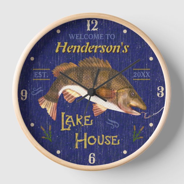 Lake House Rustic Nautical Bass Fish | Name Brown Clock (Front)