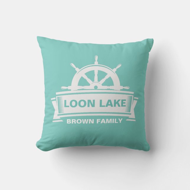 Lake House Vacation Family Name Throw Pillow (Front)
