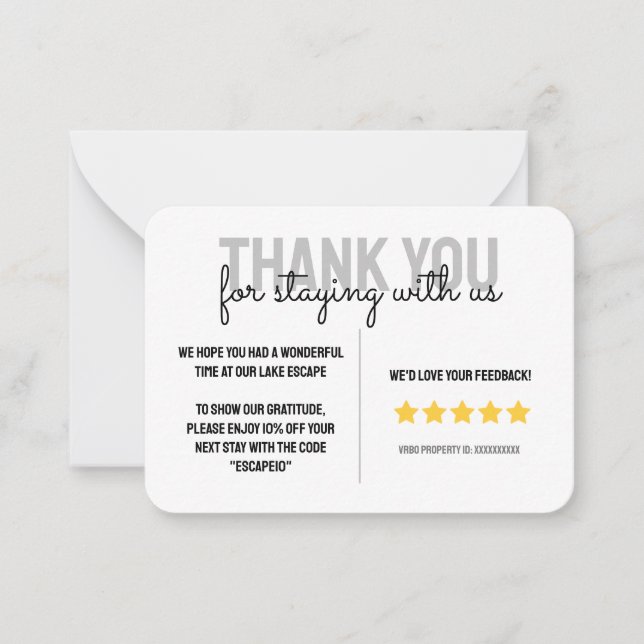 Lake House Vacation Rental Guest Thank You Card (Front)