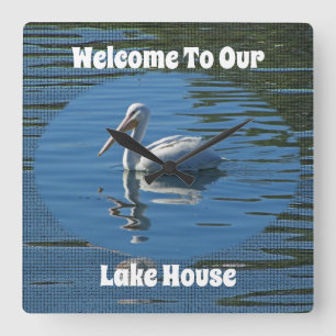 Lake House Welcome Pelican Wild Bird Home Guest Square Wall Clock