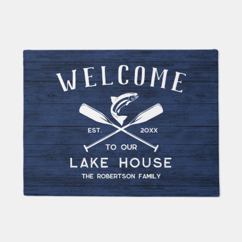 Lake House Welcome Rustic Blue Wood Doormat