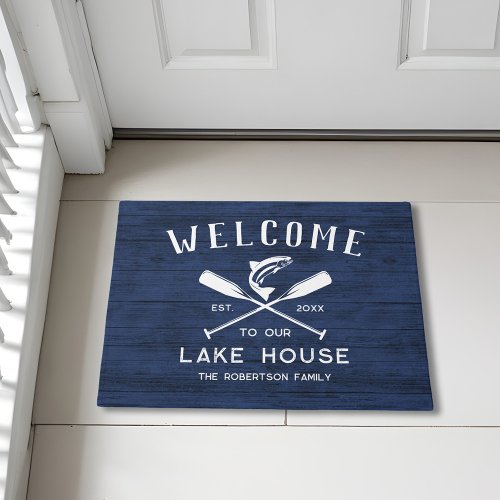 Lake House Welcome Rustic Blue Wood Doormat