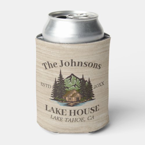 Lake House Wood Themed Family Name Personalized Can Cooler