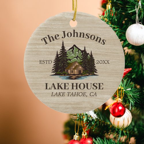 Lake House Wood Themed Family Name Personalized Ceramic Ornament
