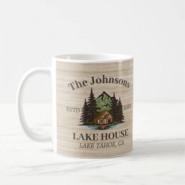 Lake House Wood Themed Family Name Personalized Coffee Mug (Left)