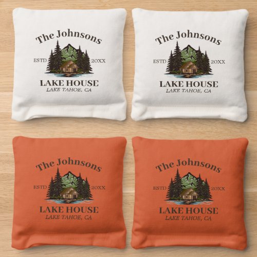 Lake House Wood Themed Family Name Personalized Cornhole Bags