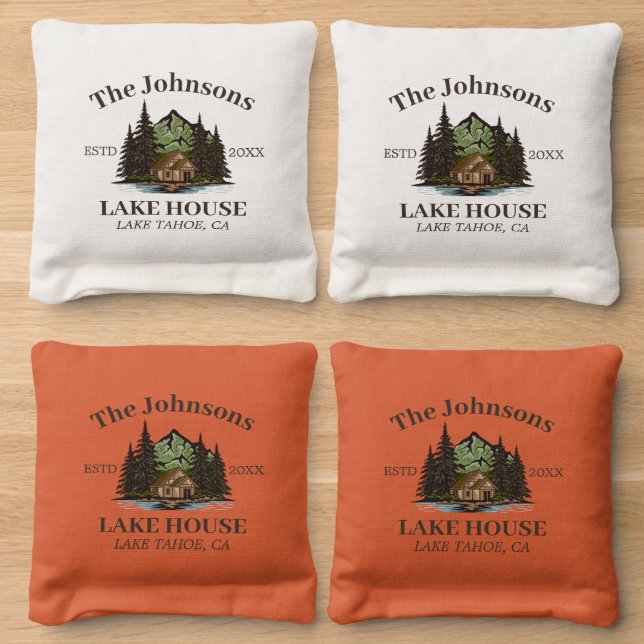 Lake House Wood Themed Family Name Personalized Cornhole Bags (Wood)