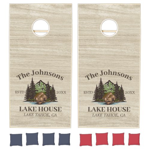 Lake House Wood Themed Family Name Personalized Cornhole Set