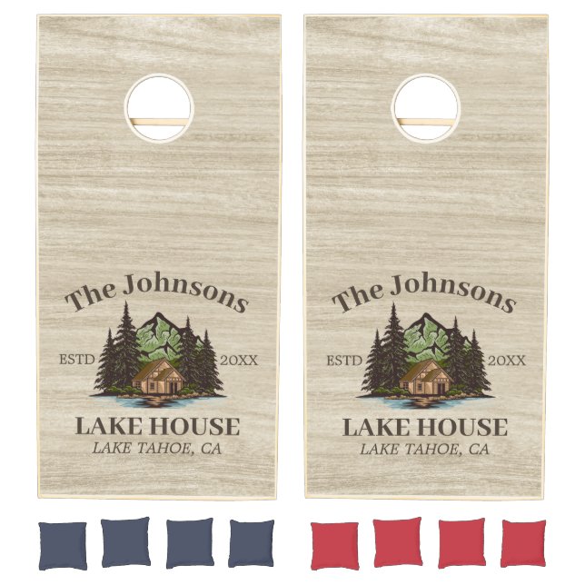 Lake House Wood Themed Family Name Personalized Cornhole Set (Set)