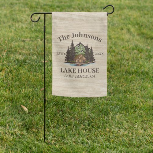 Lake House Wood Themed Family Name Personalized Garden Flag