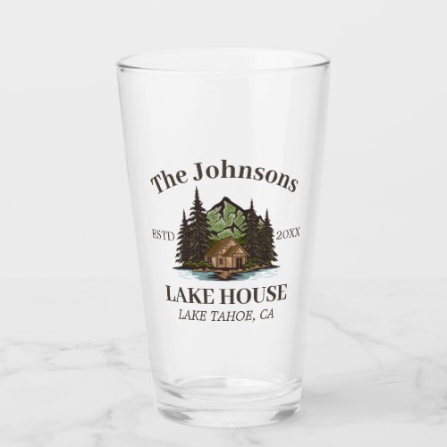 Lake House Wood Themed Family Name Personalized Glass