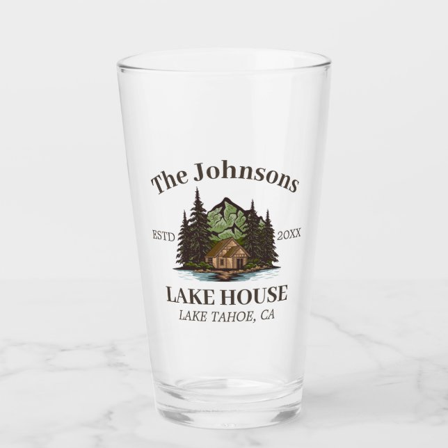 Lake House Wood Themed Family Name Personalized Glass (Front)