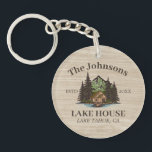 Lake House Wood Themed Family Name Personalized Keychain<br><div class="desc">Ideal for family gatherings, reunions, or your lakeside retreat, this product is designed with a charming rustic wood finish. It showcases a beautifully designed mountain scene by the lake with a cabin, personalized with your family name, the year established, and any additional details you prefer. An excellent choice for a...</div>