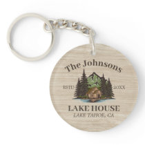 Lake House Wood Themed Family Name Personalized Keychain